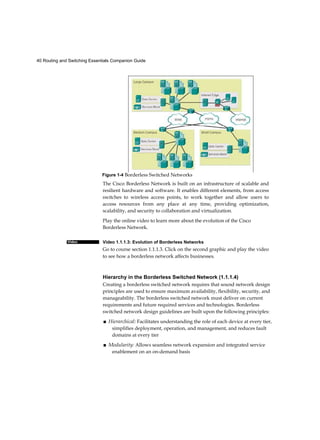 40 Routing and Switching Essentials Companion Guide
Video
The Cisco Borderless Network is built on an infrastructure of scalable and
resilient hardware and software. It enables different elements, from access
switches to wireless access points, to work together and allow users to
access resources from any place at any time, providing optimization,
scalability, and security to collaboration and virtualization.
Play the online video to learn more about the evolution of the Cisco
Borderless Network.
Video 1.1.1.3: Evolution of Borderless Networks
Go to course section 1.1.1.3. Click on the second graphic and play the video
to see how a borderless network affects businesses.
Hierarchy in the Borderless Switched Network (1.1.1.4)
Creating a borderless switched network requires that sound network design
principles are used to ensure maximum availability, flexibility, security, and
manageability. The borderless switched network must deliver on current
requirements and future required services and technologies. Borderless
switched network design guidelines are built upon the following principles:
■ Hierarchical: Facilitates understanding the role of each device at every tier,
simplifies deployment, operation, and management, and reduces fault
domains at every tier
■ Modularity: Allows seamless network expansion and integrated service
enablement on an on-demand basis
Figure 1-4 Borderless Switched Networks
 