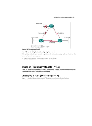 Chapter 7: Routing Dynamically 397
Packet Tracer Activity 7.1.3.6: Investigating Convergence
This activity will help you identify important information in routing tables and witness the
process of network convergence.
Go to the course online to complete this Packet Tracer activity.
Types of Routing Protocols (7.1.4)
There are many different ways to classify the different types of dynamic routing protocols.
The next section shows you these different ways.
Classifying Routing Protocols (7.1.4.1)
Figure 7-9 displays a hierarchical view of dynamic routing protocol classification.
Figure 7-8 Convergence Speeds
 