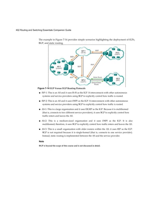 402 Routing and Switching Essentials Companion Guide
The example in Figure 7-14 provides simple scenarios highlighting the deployment of IGPs,
BGP, and static routing.
■ ISP-1: This is an AS and it uses IS-IS as the IGP. It interconnects with other autonomous
systems and service providers using BGP to explicitly control how traffic is routed.
■ ISP-2: This is an AS and it uses OSPF as the IGP. It interconnects with other autonomous
systems and service providers using BGP to explicitly control how traffic is routed.
■ AS-1: This is a large organization and it uses EIGRP as the IGP. Because it is multihomed
(that is, connects to two different service providers), it uses BGP to explicitly control how
traffic enters and leaves the AS.
■ AS-2: This is a medium-sized organization and it uses OSPF as the IGP. It is also
multihomed; therefore, it uses BGP to explicitly control how traffic enters and leaves the AS.
■ AS-3: This is a small organization with older routers within the AS; it uses RIP as the IGP.
BGP is not required because it is single-homed (that is, connects to one service provider).
Instead, static routing is implemented between the AS and the service provider.
Note
BGP is beyond the scope of this course and is not discussed in detail.
Figure 7-14 IGP Versus EGP Routing Protocols
 