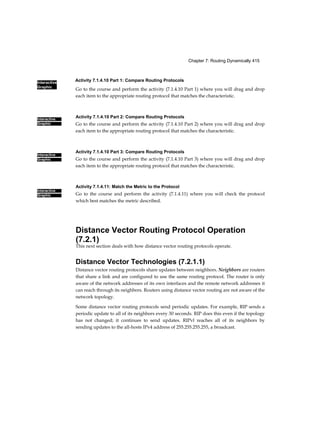 Activity 7.1.4.10 Part 1: Compare Routing ProtocolsInteractive
Graphic
Chapter 7: Routing Dynamically 415
Interactive
Graphic
Interactive
Graphic
Interactive
Graphic
Go to the course and perform the activity (7.1.4.10 Part 1) where you will drag and drop
each item to the appropriate routing protocol that matches the characteristic.
Activity 7.1.4.10 Part 2: Compare Routing Protocols
Go to the course and perform the activity (7.1.4.10 Part 2) where you will drag and drop
each item to the appropriate routing protocol that matches the characteristic.
Activity 7.1.4.10 Part 3: Compare Routing Protocols
Go to the course and perform the activity (7.1.4.10 Part 3) where you will drag and drop
each item to the appropriate routing protocol that matches the characteristic.
Activity 7.1.4.11: Match the Metric to the Protocol
Go to the course and perform the activity (7.1.4.11) where you will check the protocol
which best matches the metric described.
Distance Vector Routing Protocol Operation
(7.2.1)
This next section deals with how distance vector routing protocols operate.
Distance Vector Technologies (7.2.1.1)
Distance vector routing protocols share updates between neighbors. Neighbors are routers
that share a link and are configured to use the same routing protocol. The router is only
aware of the network addresses of its own interfaces and the remote network addresses it
can reach through its neighbors. Routers using distance vector routing are not aware of the
network topology.
Some distance vector routing protocols send periodic updates. For example, RIP sends a
periodic update to all of its neighbors every 30 seconds. RIP does this even if the topology
has not changed; it continues to send updates. RIPvl reaches all of its neighbors by
sending updates to the all-hosts IPv4 address of 255.255.255.255, a broadcast.
 