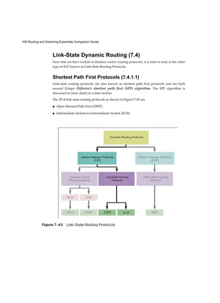 439 Routing and Switching Essentials Companion Guide
Link-State Dynamic Routing (7.4)
Now that we have looked at distance vector routing protocols, it is time to look at the other
type of IGP known as Link-State Routing Protocols.
Shortest Path First Protocols (7.4.1.1)
Link-state routing protocols are also known as shortest path first protocols and are built
around Edsger Dijkstra’s shortest path first (SPF) algorithm. The SPF algorithm is
discussed in more detail in a later section.
The IPv4 link-state routing protocols as shown in Figure 7-43 are
■ Open Shortest Path First (OSPF)
■ Intermediate System-to-Intermediate System (IS-IS)
 