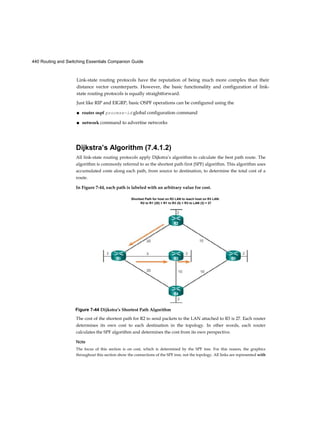 440 Routing and Switching Essentials Companion Guide
Link-state routing protocols have the reputation of being much more complex than their
distance vector counterparts. However, the basic functionality and configuration of link-
state routing protocols is equally straightforward.
Just like RIP and EIGRP, basic OSPF operations can be configured using the
■ router ospf process-id global configuration command
■ network command to advertise networks
Dijkstra’s Algorithm (7.4.1.2)
All link-state routing protocols apply Dijkstra’s algorithm to calculate the best path route. The
algorithm is commonly referred to as the shortest path first (SPF) algorithm. This algorithm uses
accumulated costs along each path, from source to destination, to determine the total cost of a
route.
In Figure 7-44, each path is labeled with an arbitrary value for cost.
The cost of the shortest path for R2 to send packets to the LAN attached to R3 is 27. Each router
determines its own cost to each destination in the topology. In other words, each router
calculates the SPF algorithm and determines the cost from its own perspective.
Note
The focus of this section is on cost, which is determined by the SPF tree. For this reason, the graphics
throughout this section show the connections of the SPF tree, not the topology. All links are represented with
Shortest Path for host on R2 LAN to reach host on R3 LAN:
R2 to R1 (20) + R1 to R3 (5) + R3 to LAN (2) = 27
Figure 7-44 Dijkstra’s Shortest Path Algorithm
 