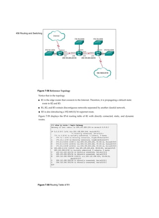 456 Routing and Switching Essentials Companion Guide
Figure 7-59 Routing Table of R1
Figure 7-58 Reference Topology
Notice that in the topology
■ R1 is the edge router that connects to the Internet. Therefore, it is propagating a default static
route to R2 and R3.
■ R1, R2, and R3 contain discontiguous networks separated by another classful network.
■ R3 is also introducing a 192.168.0.0/16 supernet route.
Figure 7-59 displays the IPv4 routing table of R1 with directly connected, static, and dynamic
routes.
 