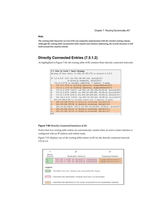 Chapter 7: Routing Dynamically 457
Note
The routing table hierarchy in Cisco IOS was originally implemented with the classful routing scheme.
Although the routing table incorporates both classful and classless addressing, the overall structure is still
built around this classful scheme.
Directly Connected Entries (7.5.1.2)
As highlighted in Figure 7-60, the routing table of R1 contains three directly connected networks.
Figure 7-60 Directly Connected Interfaces of R1
Notice that two routing table entries are automatically created when an active router interface is
configured with an IP address and subnet mask.
Figure 7-61 displays one of the routing table entries on R1 for the directly connected network
172.16.1.0.
 