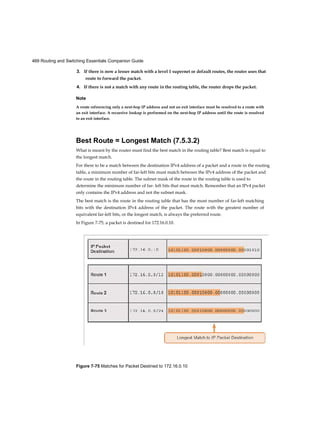 469 Routing and Switching Essentials Companion Guide
Figure 7-75 Matches for Packet Destined to 172.16.0.10
3. If there is now a lesser match with a level 1 supernet or default routes, the router uses that
route to forward the packet.
4. If there is not a match with any route in the routing table, the router drops the packet.
Note
A route referencing only a next-hop IP address and not an exit interface must be resolved to a route with
an exit interface. A recursive lookup is performed on the next-hop IP address until the route is resolved
to an exit interface.
Best Route = Longest Match (7.5.3.2)
What is meant by the router must find the best match in the routing table? Best match is equal to
the longest match.
For there to be a match between the destination IPv4 address of a packet and a route in the routing
table, a minimum number of far-left bits must match between the IPv4 address of the packet and
the route in the routing table. The subnet mask of the route in the routing table is used to
determine the minimum number of far- left bits that must match. Remember that an IPv4 packet
only contains the IPv4 address and not the subnet mask.
The best match is the route in the routing table that has the most number of far-left matching
bits with the destination IPv4 address of the packet. The route with the greatest number of
equivalent far-left bits, or the longest match, is always the preferred route.
In Figure 7-75, a packet is destined for 172.16.0.10.
 