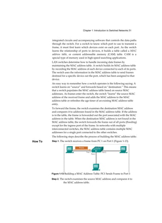 Chapter 1: Introduction to Switched Networks 51
How To
integrated circuits and accompanying software that controls the data paths
through the switch. For a switch to know which port to use to transmit a
frame, it must first learn which devices exist on each port. As the switch
learns the relationship of ports to devices, it builds a table called a MAC
address table, or content addressable memory (CAM) table. CAM is a
special type of memory used in high-speed searching applications.
LAN switches determine how to handle incoming data frames by
maintaining the MAC address table. A switch builds its MAC address table
by recording the MAC address of each device connected to each of its ports.
The switch uses the information in the MAC address table to send frames
destined for a specific device out the port, which has been assigned to that
device.
An easy way to remember how a switch operates is the following saying: A
switch learns on “source” and forwards based on “destination.” This means
that a switch populates the MAC address table based on source MAC
addresses. As frames enter the switch, the switch “learns” the source MAC
address of the received frame and adds the MAC address to the MAC
address table or refreshes the age timer of an existing MAC address table
entry.
To forward the frame, the switch examines the destination MAC address
and compares it to addresses found in the MAC address table. If the address
is in the table, the frame is forwarded out the port associated with the MAC
address in the table. When the destination MAC address is not found in the
MAC address table, the switch forwards the frame out of all ports (flooding)
except for the ingress port of the frame. In networks with multiple
interconnected switches, the MAC address table contains multiple MAC
addresses for a single port connected to the other switches.
The following steps describe the process of building the MAC address table:
Step 1. The switch receives a frame from PC 1 on Port 1 (Figure 1-13).
Step 2. The switch examines the source MAC address and compares it to
the MAC address table.
Figure 1-13 Building a MAC Address Table: PC1 Sends Frame to Port 1
 