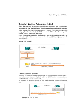 Chapter 8: Single-Area OSPF 495
Establish Neighbor Adjacencies (8.1.3.2)
When OSPF is enabled on an interface, the router must determine if there is another OSPF
neighbor on the link. To accomplish this, the router forwards a Hello packet that contains its
router ID out all OSPF-enabled interfaces. The OSPF router ID is used by the OSPF process to
uniquely identify each router in the OSPF area. A router ID is an IP address assigned to
identify a specific router among OSPF peers.
When a neighboring OSPF-enabled router receives a Hello packet with a router ID that is not
within its neighbor list, the receiving router attempts to establish an adjacency with the
initiating router.
Refer to R1 in Figure 8-17.
Figure 8-17 Down State to Init State
When OSPF is enabled, the enabled Gigabit Ethernet 0/0 interface transitions from the Down
state to the Init state. R1 starts sending Hello packets out all OSPF- enabled interfaces to discover
OSPF neighbors to develop adjacencies with.
In Figure 8-18, R2 receives the Hello packet from R1 and adds the R1 router ID to its neighbor
list.
 