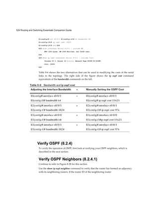 524 Routing and Switching Essentials Companion Guide
Rl(config)# int s0/0/1 Rl(config-if)# no bandwidth 64
Rl(config-if)# ip ospf cost 15625
Rl(config-if)# end Rl#
Rl# show interface serial 0/0/1 | include BW
MTU l500 bytes, BW l544 Kbit/sec, DLY 20000 usec,
Rl#
Rl# show ip ospf interface serial 0/0/1 | include Cost:
Process ID 0, Router ID l.l.l.l, Network Type POINT-TO-POINT,
Cost: l5625
Rl#
Table 8-6 shows the two alternatives that can be used in modifying the costs of the serial
links in the topology. The right side of the figure shows the ip ospf cost command
equivalents of the bandwidth commands on the left.
Verify OSPF (8.2.4)
To verify the operation of OSPF, first look at verifying your OSPF neighbors, which is
described in the next section.
Verify OSPF Neighbors (8.2.4.1)
Continue to refer to Figure 8-28 for this section.
Use the show ip ospf neighbor command to verify that the router has formed an adjacency
with its neighboring routers. If the router ID of the neighboring router
 