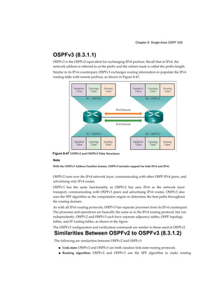 Chapter 8: Single-Area OSPF 529
OSPFv3 (8.3.1.1)
OSPFv3 is the OSPFv2 equivalent for exchanging IPv6 prefixes. Recall that in IPv6, the
network address is referred to as the prefix and the subnet mask is called the prefix-length.
Similar to its IPv4 counterpart, OSPFv3 exchanges routing information to populate the IPv6
routing table with remote prefixes, as shown in Figure 8-47.
Note
With the OSPFv3 Address Families feature, OSPFv3 includes support for both IPv4 and IPv6.
OSPFv2 runs over the IPv4 network layer, communicating with other OSPF IPv4 peers, and
advertising only IPv4 routes.
OSPFv3 has the same functionality as OSPFv2 but uses IPv6 as the network layer
transport, communicating with OSPFv3 peers and advertising IPv6 routes. OSPFv3 also
uses the SPF algorithm as the computation engine to determine the best paths throughout
the routing domain.
As with all IPv6 routing protocols, OSPFv3 has separate processes from its IPv4 counterpart.
The processes and operations are basically the same as in the IPv4 routing protocol, but run
independently. OSPFv2 and OSPFv3 each have separate adjacency tables, OSPF topology
tables, and IP routing tables, as shown in the figure.
The OSPFv3 configuration and verification commands are similar to those used in OSPFv2.
Similarities Between OSPFv2 to OSPFv3 (8.3.1.2)
The following are similarities between OSPFv2 and OSPFv3:
■ Link-state: OSPFv2 and OSPFv3 are both classless link-state routing protocols.
■ Routing algorithm: OSPFv2 and OSPFv3 use the SPF algorithm to make routing
Figure 8-47 OSPFv2 and OSPFv3 Data Structures
 