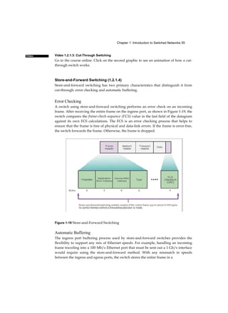 Chapter 1: Introduction to Switched Networks 55
Video Video 1.2.1.3: Cut-Through Switching
Go to the course online. Click on the second graphic to see an animation of how a cut-
through switch works.
Store-and-Forward Switching (1.2.1.4)
Store-and-forward switching has two primary characteristics that distinguish it from
cut-through: error checking and automatic buffering.
Error Checking
A switch using store-and-forward switching performs an error check on an incoming
frame. After receiving the entire frame on the ingress port, as shown in Figure 1-19, the
switch compares the frame-check-sequence (FCS) value in the last field of the datagram
against its own FCS calculations. The FCS is an error checking process that helps to
ensure that the frame is free of physical and data-link errors. If the frame is error-free,
the switch forwards the frame. Otherwise, the frame is dropped.
Figure 1-19 Store-and-Forward Switching
Automatic Buffering
The ingress port buffering process used by store-and-forward switches provides the
flexibility to support any mix of Ethernet speeds. For example, handling an incoming
frame traveling into a 100 Mb/s Ethernet port that must be sent out a 1 Gb/s interface
would require using the store-and-forward method. With any mismatch in speeds
between the ingress and egress ports, the switch stores the entire frame in a
 