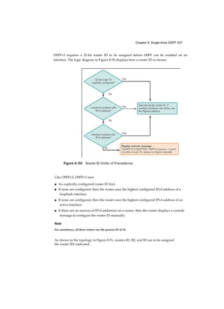 Chapter 8: Single-Area OSPF 537
OSPFv3 requires a 32-bit router ID to be assigned before OSPF can be enabled on an
interface. The logic diagram in Figure 8-50 displays how a router ID is chosen.
Like OSPFv2, OSPFv3 uses
■ An explicitly configured router ID first.
■ If none are configured, then the router uses the highest configured IPv4 address of a
loopback interface.
■ If none are configured, then the router uses the highest configured IPv4 address of an
active interface.
■ If there are no sources of IPv4 addresses on a router, then the router displays a console
message to configure the router ID manually.
Note
For consistency, all three routers use the process ID of 10.
As shown in the topology in Figure 8-51, routers R1, R2, and R3 are to be assigned
the router IDs indicated.
 
