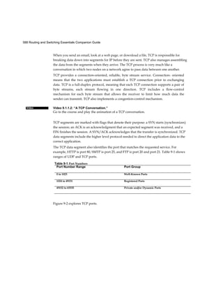 588 Routing and Switching Essentials Companion Guide
Video
When you send an email, look at a web page, or download a file, TCP is responsible for
breaking data down into segments for IP before they are sent. TCP also manages assembling
the data from the segments when they arrive. The TCP process is very much like a
conversation in which two nodes on a network agree to pass data between one another.
TCP provides a connection-oriented, reliable, byte stream service. Connection- oriented
means that the two applications must establish a TCP connection prior to exchanging
data. TCP is a full-duplex protocol, meaning that each TCP connection supports a pair of
byte streams, each stream flowing in one direction. TCP includes a flow-control
mechanism for each byte stream that allows the receiver to limit how much data the
sender can transmit. TCP also implements a congestion-control mechanism.
Video 9.1.1.2: “A TCP Conversation.”
Go to the course and play the animation of a TCP conversation.
TCP segments are marked with flags that denote their purpose: a SYN starts (synchronizes)
the session; an ACK is an acknowledgment that an expected segment was received, and a
FIN finishes the session. A SYN/ACK acknowledges that the transfer is synchronized. TCP
data segments include the higher level protocol needed to direct the application data to the
correct application.
The TCP data segment also identifies the port that matches the requested service. For
example, HTTP is port 80, SMTP is port 25, and FTP is port 20 and port 21. Table 9-1 shows
ranges of UDP and TCP ports.
Figure 9-2 explores TCP ports.
Table 9-1 Port Numbers
Port Number Range Port Group
0 to 1023 Well-Known Ports
1024 to 49151 Registered Ports
49152 to 65535 Private and/or Dynamic Ports
 