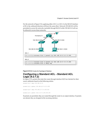 Chapter 9: Access Control Lists 611
For the network in Figure 9-14, applying either ACL 1 or ACL 2 to the S0/0/0 interface
of R1 in the outbound direction will have the same effect. Network 192.168.10.0 will be
permitted to access the networks reachable through S0/0/0 while 192.168.11.0 will not
be allowed to access those networks.
Figure 9-14 R1 Creates Its Topological Database
Configuring a Standard ACL - Standard ACL
Logic (9.2.1.2)
In Figure 9-15, packets that enter the router through interface G0/0 are checked for their
source addresses based on the following entries:
access-list 2 deny 192.168.10.10
access-list 2 permit 192.168.10.0 0.0.0.255
access-list 2 deny 192.168.0.0 0.0.255.255
access-list 2 permit 192.0.0.0 0.255.255.255
If packets are permitted, they are routed through the router to an output interface. If packets
are denied, they are dropped at the incoming interface.
 
