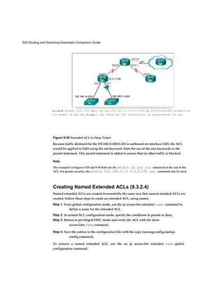 56 Routing and Switching Essentials Companion Guide
Interactive
Graphic
■ Configure user authentication: The SSH server can authenticate users locally or using an
authentication server. To use the local authentication method, create a username and password
pair using the username username password password global configuration mode command.
In the example, the user admin is assigned the password ccna.
■ Configure the vty lines: Enable the SSH protocol on the vty lines using the transport input
ssh line configuration mode command. The Catalyst 2960 has vty lines ranging from 0 to 15.
This configuration prevents non-SSH (such as Telnet) connections and limits the switch to
accept only SSH connections. Use the line vty global configuration mode command and then
the login local line configuration mode command to require local authentication for SSH
connections from the local username database.
Activity 2.2.1.2: Configure SSH
Go to the online course and select the second graphic to use the Syntax Checker to configure SSH
on switch S1.
Verifying SSH (2.2.1.3)
On a PC, an SSH client, such as PuTTY, is used to connect to an SSH server. For the examples in
Figures 2-16 to 2-18, the following have been configured:
■ SSH enabled on switch S1
■ Interface VLAN 99 (SVI) with IP address 172.17.99.11 on switch S1
■ PC1 with IP address 172.17.99.21
In Figure 2-13, the PC initiates an SSH connection to the SVI VLAN IP address of S1.
In Figure 2-14, the user has been prompted for a username and password. Using the configuration
from the previous example, the username admin and password ccna are entered. After entering
the correct combination, the user is connected via SSH to the CLI on the Catalyst 2960 switch.
 