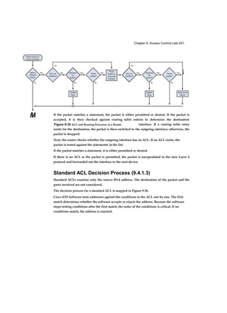 Chapter 9: Access Control Lists 651
Figure 9-35 ACL and Routing Processes in a Router
M If the packet matches a statement, the packet is either permitted or denied. If the packet is
accepted, it is then checked against routing table entries to determine the destination
interface. If a routing table entry
exists for the destination, the packet is then switched to the outgoing interface; otherwise, the
packet is dropped.
Next, the router checks whether the outgoing interface has an ACL. If an ACL exists, the
packet is tested against the statements in the list.
If the packet matches a statement, it is either permitted or denied.
If there is no ACL or the packet is permitted, the packet is encapsulated in the new Layer 2
protocol and forwarded out the interface to the next device.
Standard ACL Decision Process (9.4.1.3)
Standard ACLs examine only the source IPv4 address. The destination of the packet and the
ports involved are not considered.
The decision process for a standard ACL is mapped in Figure 9-36.
Cisco IOS Software tests addresses against the conditions in the ACL one by one. The first
match determines whether the software accepts or rejects the address. Because the software
stops testing conditions after the first match, the order of the conditions is critical. If no
conditions match, the address is rejected.
 