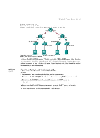Chapter 9: Access Control Lists 657
Packet Tracer
□ Activity
Solution: Host 192.168.30.12 can use Telnet to connect to 192.168.31.12 because of the direction
in which access list 150 is applied to the G0/1 interface. Statement 10 denies any source
address to connect to host 192.168.31.12 using Telnet. However, this filter should be applied
outbound on G0/1 to filter correctly.
Packet Tracer Activity 9.4.2.6: Troubleshooting ACLs
Scenario
Create a network that has the following three policies implemented:
■ Hosts from the 192.168.0.0/24 network are unable to access any TCP service of Server3.
■ Hosts from the 10.0.0.0/8 network are unable to access the HTTP service of
Server1.
■ Hosts from the 172.16.0.0/16 network are unable to access the FTP service of Server2.
Go to the course online to complete this Packet Tracer activity.
R2#show access-lists 150
Extended IP access list 150
10 deny tcp any host 192.168.31.12 eq telnet 20 permit ip any any
192.168.10.10 192.168.11.10 192.168.30.12 192.168.31.12
Figure 9-42 ACL Network Topology
 