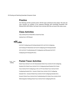 674 Routing and Switching Essentials Companion Guide
=YLabs
Lab 9.2.2.7: Configuring and Verifying Standard ACLs Lab 9.2.3.4: Configuring
and Verifying VTY Restrictions Lab 9.3.2.13: Configuring and Verifying Extended
ACLs Lab 9.4.2.7: Troubleshooting ACL Configuration and Placement Lab 9.5.2.7:
Configuring and Verifying IPv6 ACLs
Packet Tracer
□ Activity
Packet Tracer Activities
Packet Tracer Activity 9.1.1.6: ACL Demonstration Packet Tracer Activity 9.2.1.10: Configuring
Standard ACLs Packet Tracer Activity 9.2.1.11: Configuring Named Standard ACLs Packet
Tracer Activity 9.2.3.3: Configuring an ACL on VTY Lines Packet Tracer Activity 9.3.2.10:
Configuring Extended ACLs - Scenario 1 Packet Tracer Activity 9.3.2.11: Configuring
Extended ACLs - Scenario 2 Packet Tracer Activity 9.3.2.12: Configuring Extended ACLs -
Scenario 3 Packet Tracer Activity 9.4.2.6: Troubleshooting ACLs Packet Tracer Activity 9.4.2.8:
Skills Integration Challenge Packet Tracer Activity 9.5.2.6: Configuring IPv6 ACL
Practice
The following activities provide practice with the topics introduced in this chapter. The Labs and
Class Activities are available in the companion Routing and Switching Essentials Lab
Manual (978-1-58713-320-6). The Packet Tracer Activities PKA files are found in the online course.
Class Activities
Class Activity 9.0.1.2: Permit Me to Assist You Class
Activity 9.6.1.1: FTP Denied
 