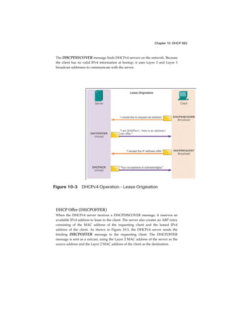 Chapter 10: DHCP 683
The DHCPDISCOVER message finds DHCPv4 servers on the network. Because
the client has no valid IPv4 information at bootup, it uses Layer 2 and Layer 3
broadcast addresses to communicate with the server.
DHCP Offer (DHCPOFFER)
When the DHCPv4 server receives a DHCPDISCOVER message, it reserves an
available IPv4 address to lease to the client. The server also creates an ARP entry
consisting of the MAC address of the requesting client and the leased IPv4
address of the client. As shown in Figure 10-3, the DHCPv4 server sends the
binding DHCPOFFER message to the requesting client. The DHCPOFFER
message is sent as a unicast, using the Layer 2 MAC address of the server as the
source address and the Layer 2 MAC address of the client as the destination.
 