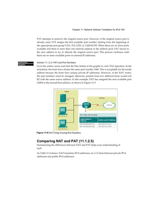 Chapter 11: Network Address Translation for IPv4 749
Interactive
Graphic
PAT attempts to preserve the original source port. However, if the original source port is
already used, PAT assigns the first available port number starting from the beginning of
the appropriate port group 0-511, 512-1,023, or 1,024-65,535. When there are no more ports
available and there is more than one external address in the address pool, PAT moves to
the next address to try to allocate the original source port. This process continues until
there are no more available ports or external IP addresses.
Activity 11.1.2.3: PAT and Port Numbers
Go to the online course and click the Play button in the graphic to view PAT operation. In the
animation, the hosts have chosen the same port number 1444. This is acceptable for the inside
address because the hosts have unique private IP addresses. However, at the NAT router,
the port numbers must be changed; otherwise, packets from two different hosts would exit
R2 with the same source address. In this example, PAT has assigned the next available port
(1445) to the second host address, as shown in Figure 11-9.
Comparing NAT and PAT (11.1.2.5)
Summarizing the differences between NAT and PAT helps your understanding of
each.
As Table 11-4 shows, NAT translates IPv4 addresses on a 1:1 basis between private IPv4
addresses and public IPv4 addresses.
Figure 11-9 PAT Using Varying Port Numbers
 