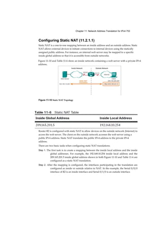 72 Routing and Switching Essentials Companion Guide
a violation occurs. Table 2-9 presents which kinds of data traffic are forwarded when one of the
following security violation modes are configured on a port:
■ Protect: When the number of secure MAC addresses reaches the limit allowed on the port,
packets with unknown source addresses are dropped until a sufficient number of secure MAC
addresses are removed or the number of maximum allowable addresses is increased. There is
no notification that a security violation has occurred.
■ Restrict: When the number of secure MAC addresses reaches the limit allowed on the port,
packets with unknown source addresses are dropped until a sufficient number of secure MAC
addresses are removed or the number of maximum allowable addresses is increased. In this
mode, there is a notification that a security violation has occurred.
■ Shutdown: In this (default) violation mode, a port security violation causes the interface to
immediately become error-disabled and turns off the port LED. It increments the violation
counter. When a secure port is in the error-disabled state, it can be brought out of this state by
entering the shutdown and no shutdown interface configuration mode commands.
Security violations occur in these situations:
■ A station with MAC address that is not in the address table attempts to access the interface
when the table is full.
■ An address is being used on two secure interfaces in the same VLAN.
 