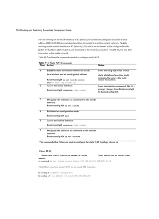 72 Routing and Switching Essentials Companion Guide
a violation occurs. Table 2-9 presents which kinds of data traffic are forwarded when one of the
following security violation modes are configured on a port:
■ Protect: When the number of secure MAC addresses reaches the limit allowed on the port,
packets with unknown source addresses are dropped until a sufficient number of secure MAC
addresses are removed or the number of maximum allowable addresses is increased. There is
no notification that a security violation has occurred.
■ Restrict: When the number of secure MAC addresses reaches the limit allowed on the port,
packets with unknown source addresses are dropped until a sufficient number of secure MAC
addresses are removed or the number of maximum allowable addresses is increased. In this
mode, there is a notification that a security violation has occurred.
■ Shutdown: In this (default) violation mode, a port security violation causes the interface to
immediately become error-disabled and turns off the port LED. It increments the violation
counter. When a secure port is in the error-disabled state, it can be brought out of this state by
entering the shutdown and no shutdown interface configuration mode commands.
Security violations occur in these situations:
■ A station with MAC address that is not in the address table attempts to access the interface
when the table is full.
■ An address is being used on two secure interfaces in the same VLAN.
 