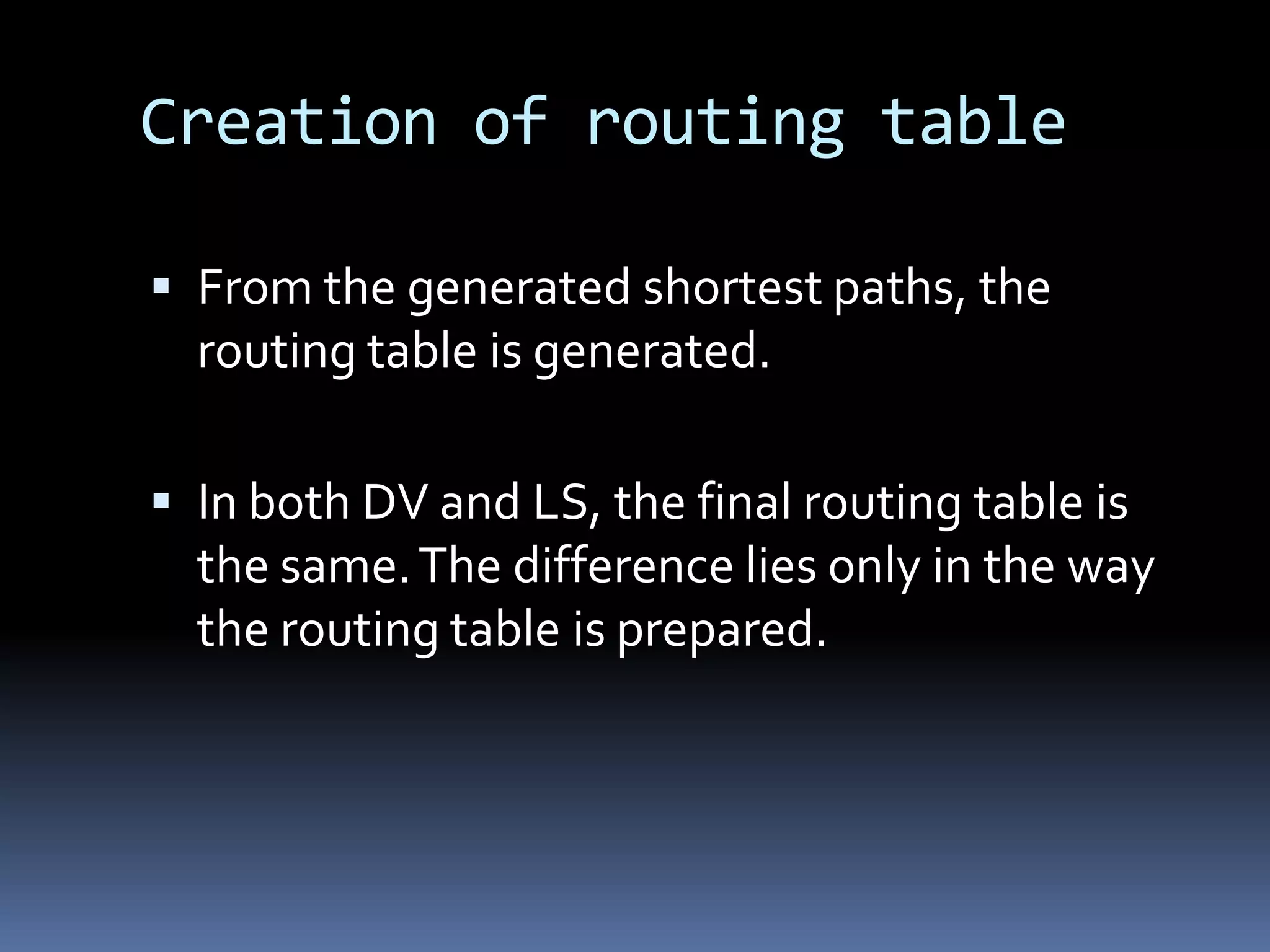Creation of routing table

 From the generated shortest paths, the
  routing table is generated.

 In both DV and LS, the final routing table is
  the same. The difference lies only in the way
  the routing table is prepared.
 