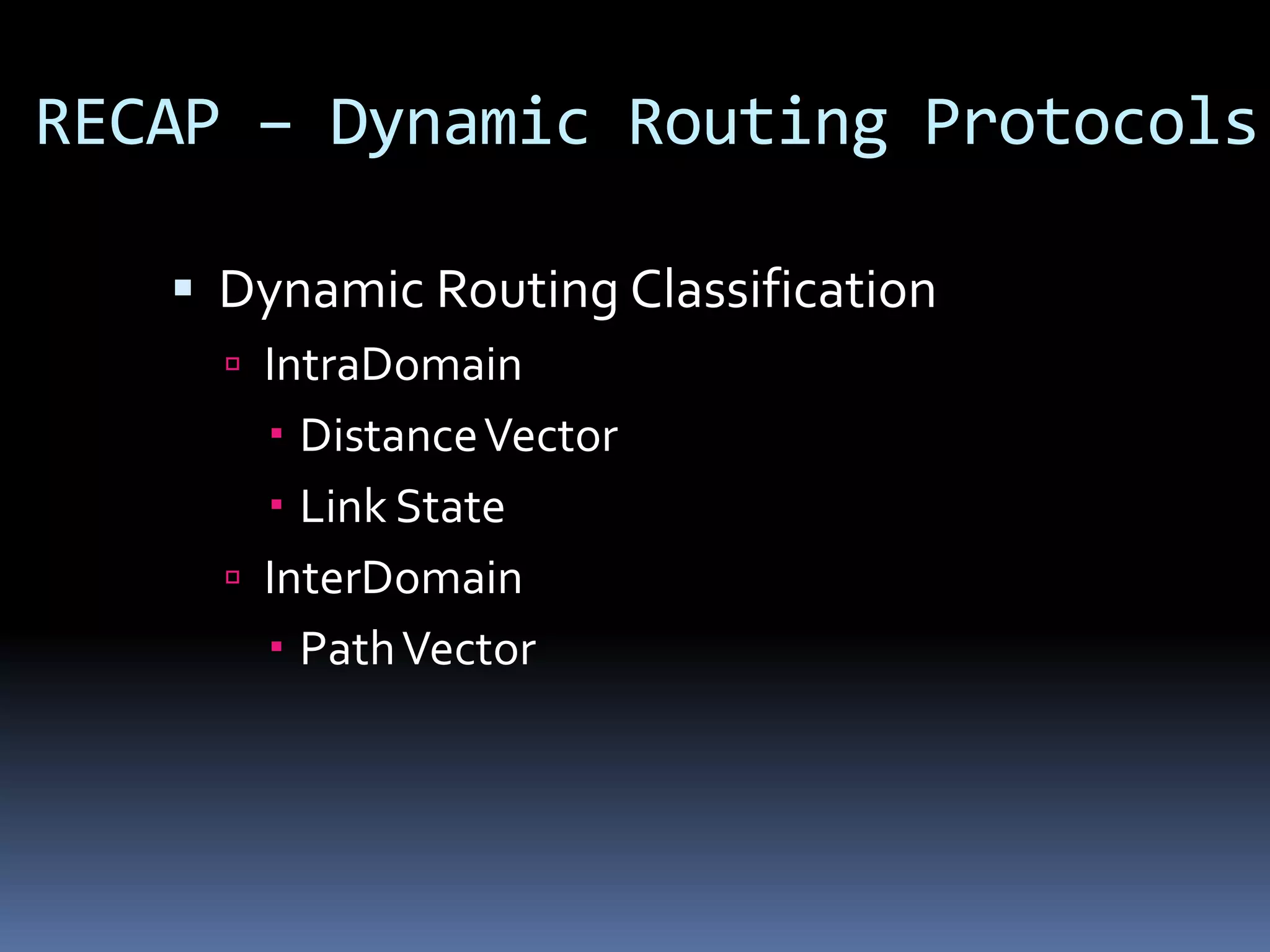 RECAP – Dynamic Routing Protocols

    Dynamic Routing Classification
      IntraDomain
        Distance Vector
        Link State
      InterDomain
        Path Vector
 