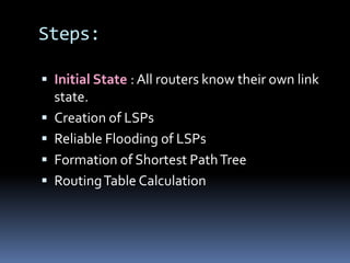 Steps:

 Initial State : All routers know their own link
    state.
   Creation of LSPs
   Reliable Flooding of LSPs
   Formation of Shortest Path Tree
   Routing Table Calculation
 