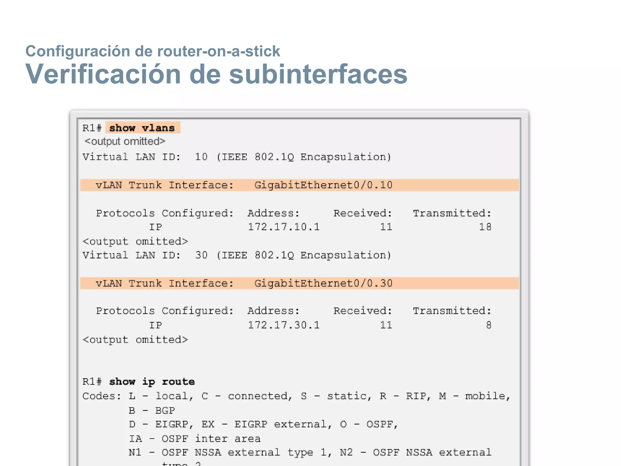 Configuración de router-on-a-stick
Verificación de subinterfaces
 