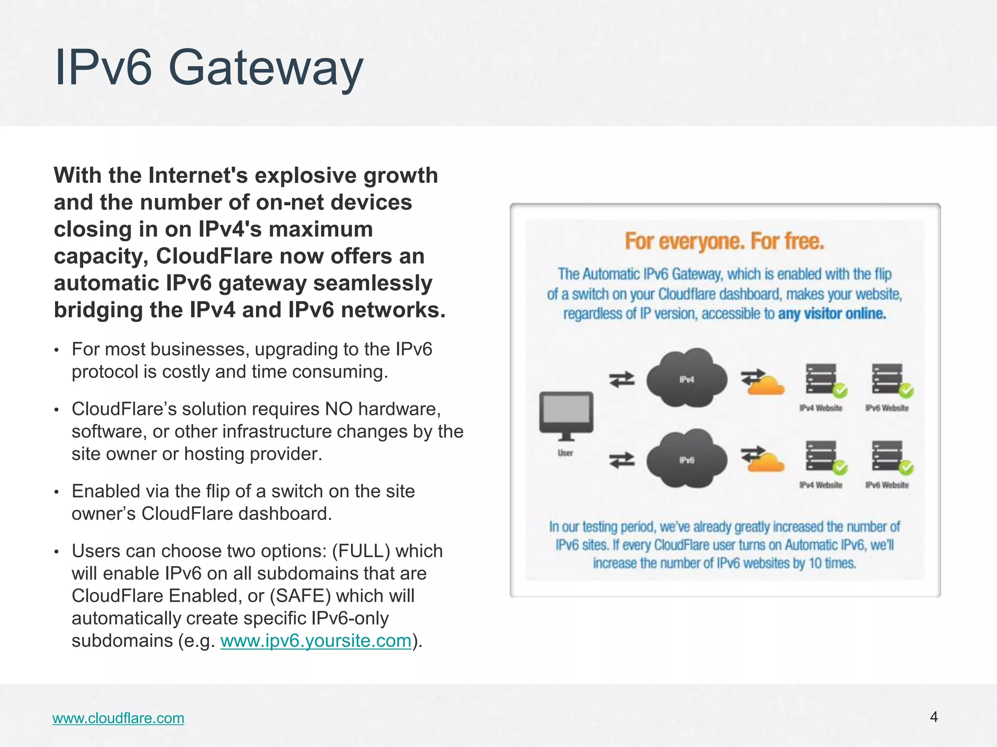 IPv6 Gateway
With the Internet's explosive growth
and the number of on-net devices
closing in on IPv4's maximum
capacity, CloudFlare now offers an
automatic IPv6 gateway seamlessly
bridging the IPv4 and IPv6 networks.
• For most businesses, upgrading to the IPv6
  protocol is costly and time consuming.

• CloudFlare’s solution requires NO hardware,
  software, or other infrastructure changes by the
  site owner or hosting provider.

• Enabled via the flip of a switch on the site
  owner’s CloudFlare dashboard.
• Users can choose two options: (FULL) which
  will enable IPv6 on all subdomains that are
  CloudFlare Enabled, or (SAFE) which will
  automatically create specific IPv6-only
  subdomains (e.g. www.ipv6.yoursite.com).



www.cloudflare.com                                   4
 