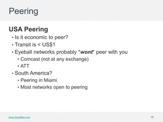 Peering

USA Peering
  • Is it economic to peer?
  • Transit is < US$1
  • Eyeball networks probably *wont* peer with you
       • Comcast (not at any exchange)
       • ATT
  • South America?
       • Peering in Miami
       • Most networks open to peering




www.cloudflare.com                                   14
 