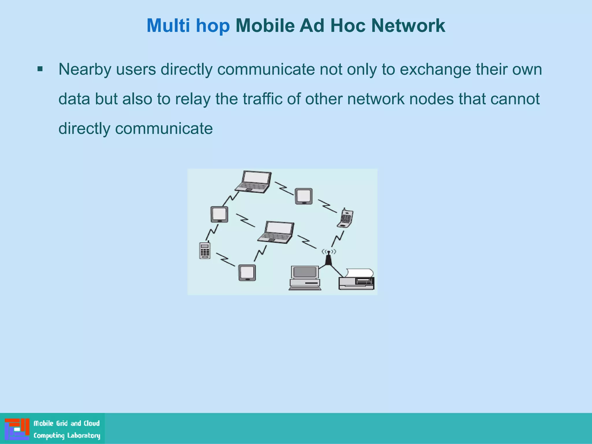 Multi hop Mobile Ad Hoc Network
 Nearby users directly communicate not only to exchange their own
data but also to relay the traffic of other network nodes that cannot
directly communicate
 