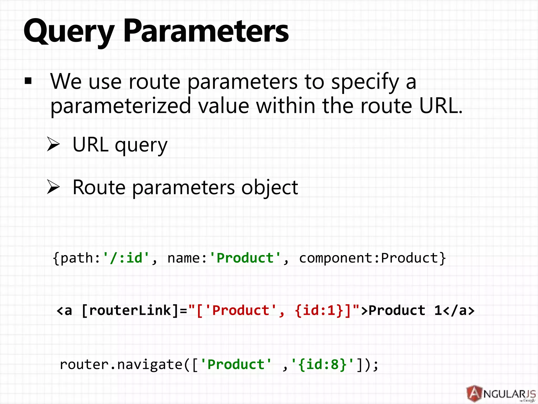 @Component({ ... })
@RouteConfig([
{path:'/home' , name: 'Home' , component: HomeComp},
{path:'/products/...' , name: 'Products', component: ProductsComp},
{path:'/Users' , name: 'Users' , component: UsersComp} ])
export class AppComponent { }
@Component({ ... })
@RouteConfig([
{path:'/product/:id/...',name: 'Product', component: ProductComp}])
export class ProductsComponent { }
@Component({ ... })
@RouteConfig([
{path:'/Details', name: 'Details',component: DetailsComp},
{path:'/Price' , name: 'Price' ,component: PriceComp},
{path:'/Spec' , name: 'Spec' ,component: SpecComp} ])
export class ProductComponent { }
 