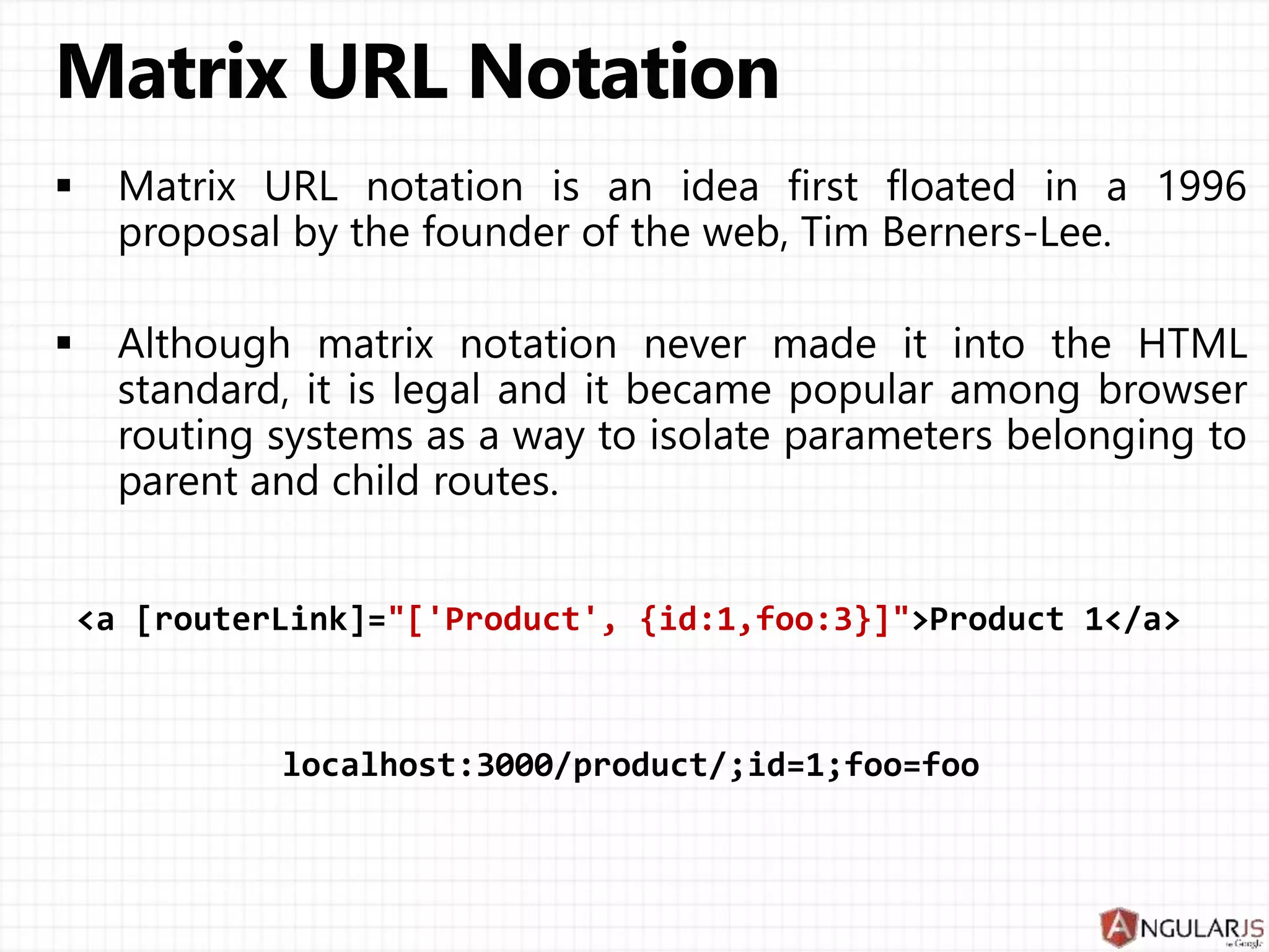@Component({...})
@View({directives: [ROUTER_DIRECTIVES]})
@RouteConfig([{
path: '/user/:id'
, component: UserCmp
, as: 'UserCmp'
, data: {isAdmin: true}
}])
class AppCmp {}
@Component({ template: 'user: {{isAdmin}}' })
class UserCmp {
string: isAdmin;
constructor(data: RouteData) {
this.isAdmin = data.get('isAdmin');
}
}
 
