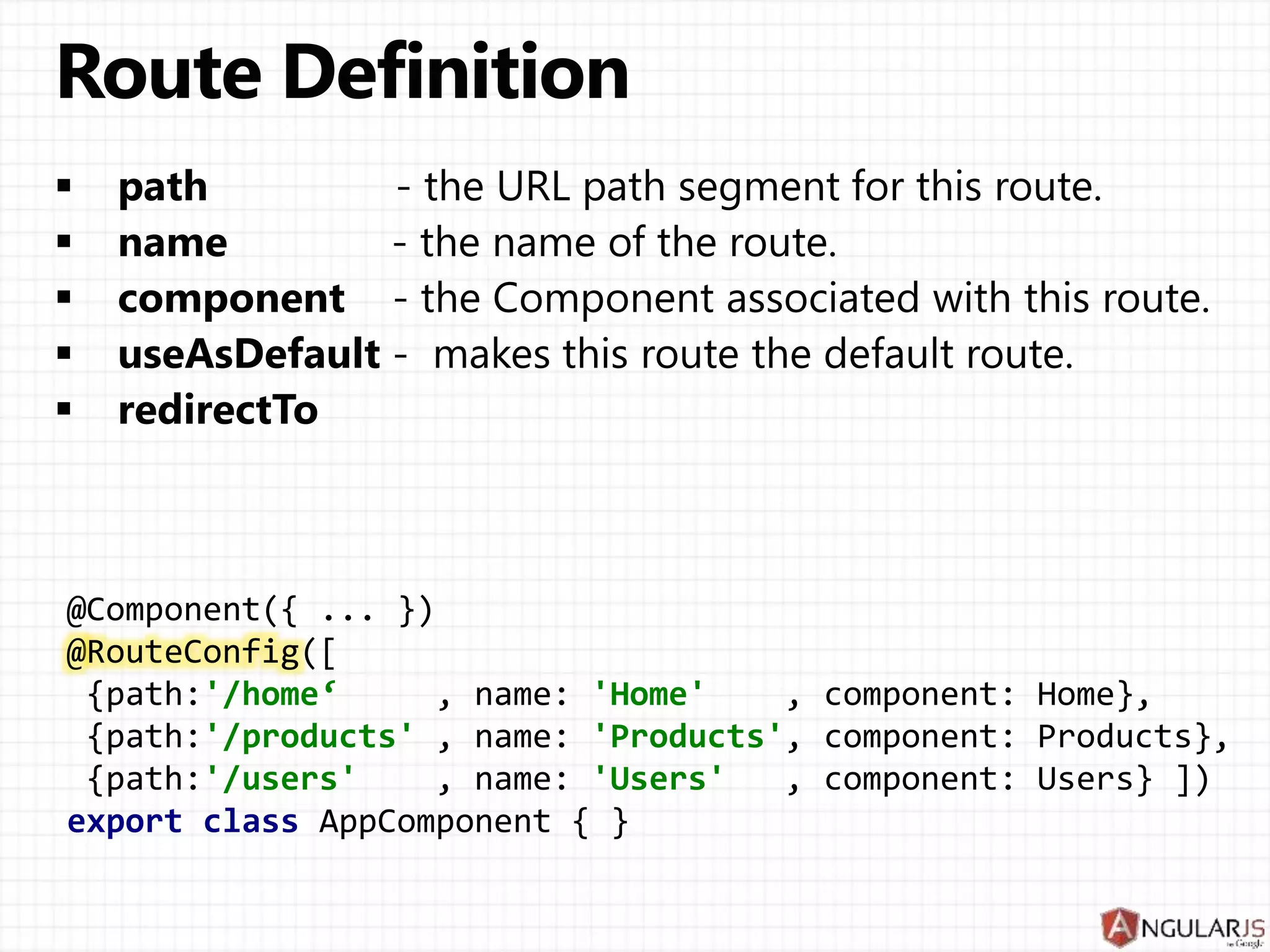 @Component({ ... })
@RouteConfig([
{path:'/home‘ , name: 'Home' , component: Home},
{path:'/products' , name: 'Products', component: Products},
{path:'/users' , name: 'Users' , component: Users} ])
export class AppComponent { }
 