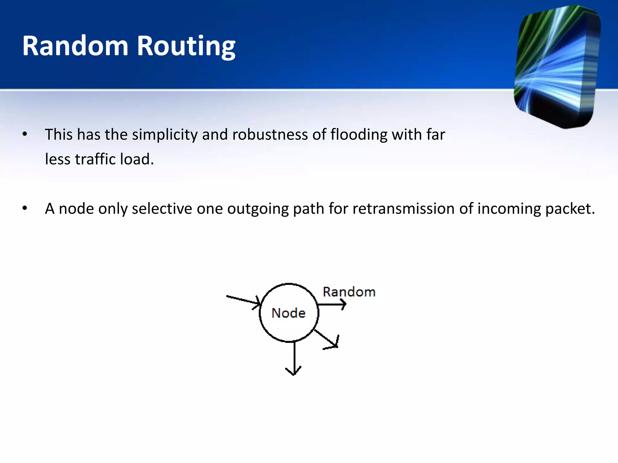 Random Routing
• This has the simplicity and robustness of flooding with far
less traffic load.
• A node only selective one outgoing path for retransmission of incoming packet.
 