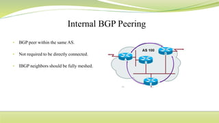 • BGP peer within the same AS.
• Not required to be directly connected.
• IBGP neighbors should be fully meshed.
 