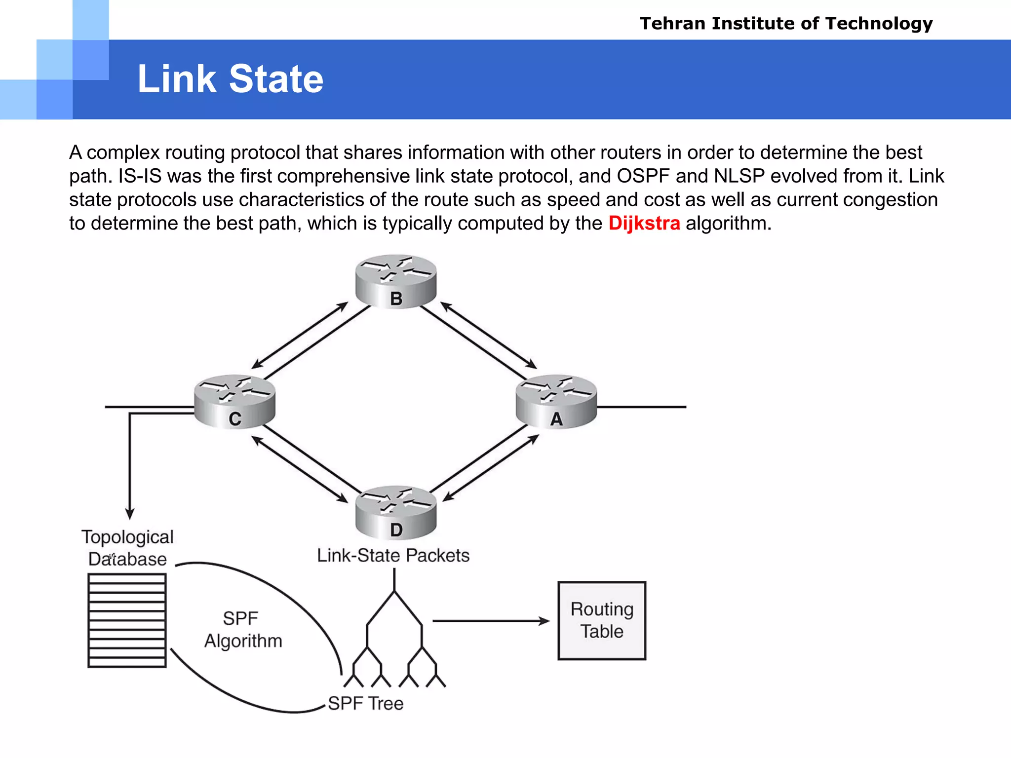 Link State
A complex routing protocol that shares information with other routers in order to determine the best
path. IS-IS was the first comprehensive link state protocol, and OSPF and NLSP evolved from it. Link
state protocols use characteristics of the route such as speed and cost as well as current congestion
to determine the best path, which is typically computed by the Dijkstra algorithm.
Tehran Institute of Technology
Course name: Cisco CCNA
Instructor: Mansour.nch
Senior @ Tehran Institute of Technology
Copyright 2014
 