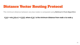 Distance Vector Routing Protocol
The minimum distance between any two nodes is computed using Bellman’s Ford Algorithm
dx
(y) = minv
{c(x,v) + dv
(y)}, where dx
(y) is the minimum distance from node x to node y
26
 