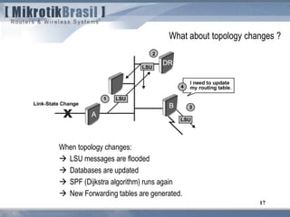 When topology changes:
 LSU messages are flooded
 Databases are updated
 SPF (Dijkstra algorithm) runs again
 New Forwarding tables are generated.
17
What about topology changes ?
 