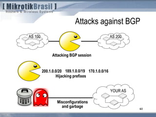 61
Attacks against BGP
AS 100 AS 200
200.1.0.0/20 170.1.0.0/16189.1.0.0/19
Attacking BGP session
Hijacking prefixes
YOUR AS
Misconfigurations
and garbage
 