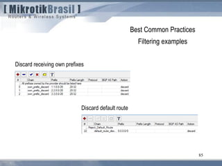 85
Best Common Practices
Filtering examples
Discard receiving own prefixes
Discard default route
 