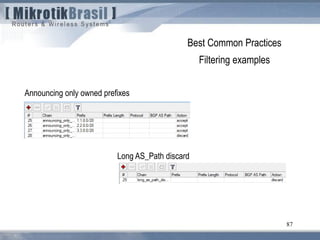 87
Best Common Practices
Filtering examples
Announcing only owned prefixes
Long AS_Path discard
 