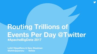 Routing Trillions of
Events Per Day @Twitter
#ApacheBigData 2017
Lohit VijayaRenu & Gary Steelman
@lohitvijayarenu @efsie
 