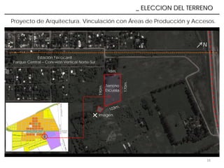 16
_ ELECCION DEL TERRENO
N
98m.
170m.
Estación Ferrocarril
Parque Central – Conexión Vertical Norte-Sur.
Terreno
Escuela
Proyecto de Arquitectura. Vinculación con Áreas de Producción y Accesos.
190m.
Imagen.
 