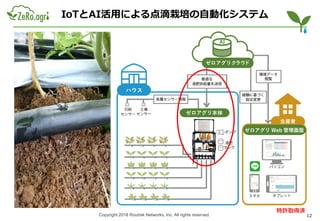 Copyright 2018 Routrek Networks, Inc. All rights reserved.
IoTとAI活用による点滴栽培の自動化システム
12
特許取得済
 