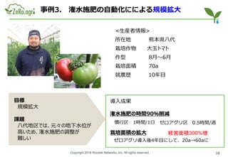 Copyright 2018 Routrek Networks, Inc. All rights reserved.
事例3. 潅水施肥の自動化にによる規模拡大
<生産者情報>
所在地 熊本県八代
栽培作物 大玉トマト
作型 8月～6月
栽培面積 70a
就農歴 10年目
導入成果
潅水施肥の時間90％削減
栽培面積の拡大
慣行区 1時間/1日 ゼロアグリ区 0.5時間/週
目標
規模拡大
課題
八代地区では、元々の地下水位が
高いため、潅水施肥の調整が
難しい
19
ゼロアグリ導入後4年目にして、20a→60aに
経営面積300%増
 