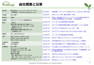 Copyright 2018 Routrek Networks, Inc. All rights reserved.
会社概要と沿革
会社名 株式会社ルートレック・ネットワークス
（英語表記：Routrek Networks, Inc.）
代表者 佐々木伸一
資本金 1億円
従業員 21名（パートタイム従業員含む）
住所 【本社】
神奈川県川崎市麻生区万福寺1-1-1
新百合ヶ丘シティビルディング6F
【福岡オフィス】
福岡県福岡市博多区東比恵3-4-2
ZS福岡ビル3F
連絡先 TEL 044-819-4711
URL http://www.routrek.co.jp/
https://www.zero-agri.jp/
http://dekiru-agri.jp/
主要取引
銀行
三井住友銀行
みずほ銀行
主要株主 佐々木伸一
オイシックスラ大地（株）
JFE商事エレクトロニクス（株）
JX ANCI（株）
農林中央金庫
（株）東京大学エッジキャピタル
（株）グロービス・キャピタル・パートナーズ
合同会社テックアクセルベンチャーズ
2018年6月 経済産業省 スタートアップ支援プログラム「J-Startup」企業に選出
2018年2月 日本ベンチャー大賞 農林水産部門 受賞
2017年３月 農水省 経営体強化プロジェクト「パイプハウスで高収益を実現する
ICT養液土耕環境制御システムの開発」 委託事業採択
2016年12月 シリーズB 第三者割当増資4.4億円実施
2016年３月 JICA「中小企業海外展開支援事業～案件化調査～」ベトナム国採択
2016年 3月 ゼロアグリが「第1回JEITAベンチャー賞」 受賞
2016年 3月 ゼロアグリが「Pioneer’s Asia “The 12 Asian Finalists”」選出
2015年3月 シリーズA 第三者割当増資２億円実施
2014年12月 第11回「川崎ものづくりブランド」にゼロアグリが認定
2013年 8月 次世代養液土耕システム「ゼロアグリ(ZeRo.agri）」出荷開始
2012年 4月 明治大学黒川農場とスマート農業産学連携プロジェクトを開始
2011年11月 中小企業向けにWi-Fi利用のM2Mプラットフォーム「Zero」リリース
2010年 12月 総務省広域連携事業（ICTを利活用した食の安心・安全構築事業）に採
択、農業分野に進出
2009年 1月 米国 ZeroG Wireless 社とアライアンス契約締結
2006年 4月 米国ラリタンコンピュータ社とのアライアンス契約締結
2005年 8月 株式会社ルートレック・ネットワークス創業
‐2‐
 