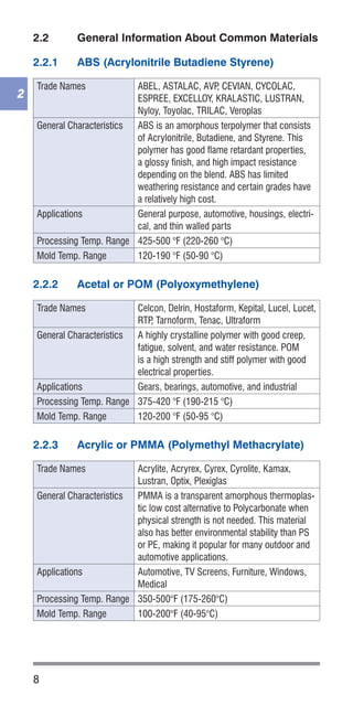 8
2
2.2	 General Information About Common Materials
2.2.1	 ABS (Acrylonitrile Butadiene Styrene)
Trade Names ABEL, ASTALAC, AVP, CEVIAN, CYCOLAC,
ESPREE, EXCELLOY, KRALASTIC, LUSTRAN,
Nyloy, Toyolac, TRILAC, Veroplas
General Characteristics ABS is an amorphous terpolymer that consists
of Acrylonitrile, Butadiene, and Styrene. This
polymer has good flame retardant properties,
a glossy finish, and high impact resistance
depending on the blend. ABS has limited
weathering resistance and certain grades have
a relatively high cost.
Applications General purpose, automotive, housings, electri-
cal, and thin walled parts
Processing Temp. Range 425-500 °F (220-260 °C)
Mold Temp. Range 120-190 °F (50-90 °C)
2.2.2	 Acetal or POM (Polyoxymethylene)
Trade Names Celcon, Delrin, Hostaform, Kepital, Lucel, Lucet,
RTP, Tarnoform, Tenac, Ultraform
General Characteristics A highly crystalline polymer with good creep,
fatigue, solvent, and water resistance. POM
is a high strength and stiff polymer with good
electrical properties.
Applications Gears, bearings, automotive, and industrial
Processing Temp. Range 375-420 °F (190-215 °C)
Mold Temp. Range 120-200 °F (50-95 °C)
2.2.3	 Acrylic or PMMA (Polymethyl Methacrylate)
Trade Names Acrylite, Acryrex, Cyrex, Cyrolite, Kamax,
Lustran, Optix, Plexiglas
General Characteristics PMMA is a transparent amorphous thermoplas-
tic low cost alternative to Polycarbonate when
physical strength is not needed. This material
also has better environmental stability than PS
or PE, making it popular for many outdoor and
automotive applications.
Applications Automotive, TV Screens, Furniture, Windows,
Medical
Processing Temp. Range 350-500°F (175-260°C)
Mold Temp. Range 100-200°F (40-95°C)
 