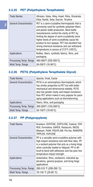 16
2
2.2.25	 PET (Polyethylene Terepthalate)
Trade Names Ultrason, Valox, Hiloy, Impet, Petra, Shulandur,
Ektar, Rynite, Selar, Dacron, Terylene
General Characteristics PET is a semi-crystalline thermoplastic that is
commonly used for synthetic polyester fibers
and plastic bottle production. Most bottle
manufacturers control the clarity of PET by
limiting the degree of semi-crystallinity since
higher levels of semi-crystallinity cause the
product to turn opaque. PET has excellent has
strong chemical resistance and can withstand
temperatures in excess of 212°F (100°C).
Applications Bottles, fibers, synthetic fabrics, films, and
packaging
Processing Temp. Range 480-580°F (250-305°C)
Mold Temp. Range 50-200°F (10-90°C)
2.2.26	 PETG (Polyethylene Terepthalate Glycol)
Trade Names Spectar, Vivak, Eastar
General Characteristics PETG is an amomrphous thermoplastic which
has similar properties to PET but with better
mechanical and dimensional stability. PETG
also has greater clarity and impact resistance
than PET which makes it very popular for pack-
aging applications such as thermoforming.
Applications Fibers, films, and packaging
Processing Temp. Range 300-500°F (150-260°C)
Mold Temp. Range 50-150°F (10-65°C)
2.2.27	 PP (Polypropylene)
Trade Names Braskem, CERTENE, COPYLENE, Exelene, FER-
REX, Formolene, GAPEX, Hostacom, INEOS,
Maxxam, Polifil, POLYFLAM, Pro-fax, RAMOFIN,
TIPPLEN, YUPLENE
General Characteristics PP is a versatile semi-crystalline polymer with
high impact resistance and melt flow rates. PP
is a resilient polymer that acts as a living hinge
when cyclically loaded or fatigued. PP is dif-
ficult to bond with adhesives and has poor low
temperature impact strength.
Applications Automotive, films, containers, industrial ap-
plications, general purpose, and living hinge
applications
Processing Temp. Range 390-510 °F (200-265 °C)
Mold Temp. Range 70-140 °F (20-60 °C)
 